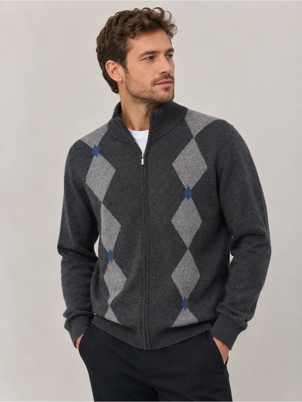 Glen Lyon 100% Cashmere Men’s Argyle Full Zip Sweater Gray Blue Large